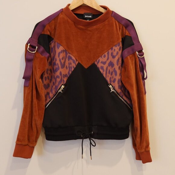 Just Cavalli Sweaters - JUST CAVALLI womens sweatshirt velour orange purple leopard mix media buckle med